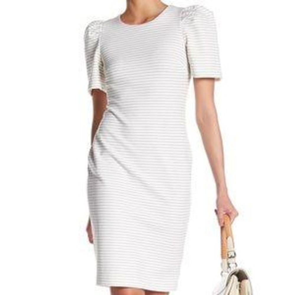 Calvin Klein Striped Puff Sleeve Sheath Dress White Black Size 14